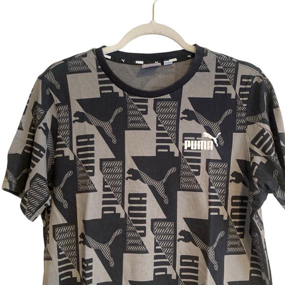 Puma Black Gray Power AOP All Over Print Logo Regular Fit T Shirt Size Medium - Picture 5 of 16